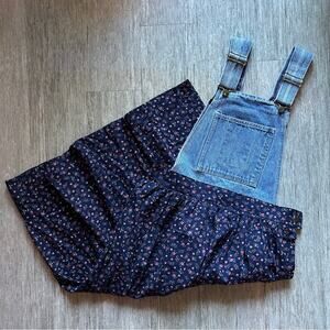 Nixit Vintage Denim Overalls Navy Blue Floral Skirt Midi Dress Size Medium/Large